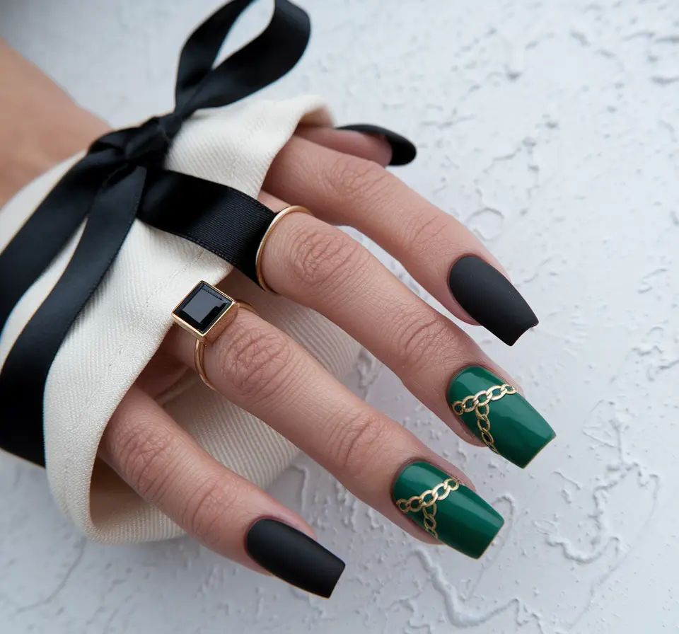 cute summer nails ideas 2025 Matte & Emerald Statement with Gold Chain Accents