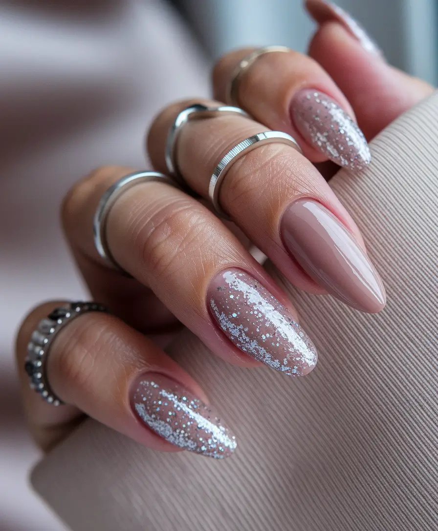 cute summer nails ideas pink Pink-Nude Glitter Fade for Soft Sparkle