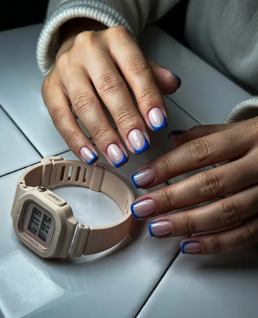 cute summer nail ideas for short nails square Glossy Blue French Framing