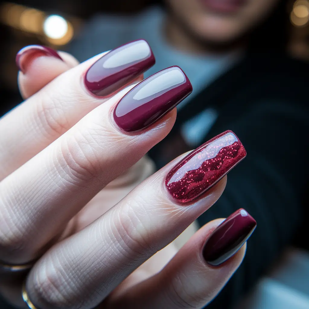 cute nails acrylic ideas summer Deep Merlot Drama with Glitter Accent