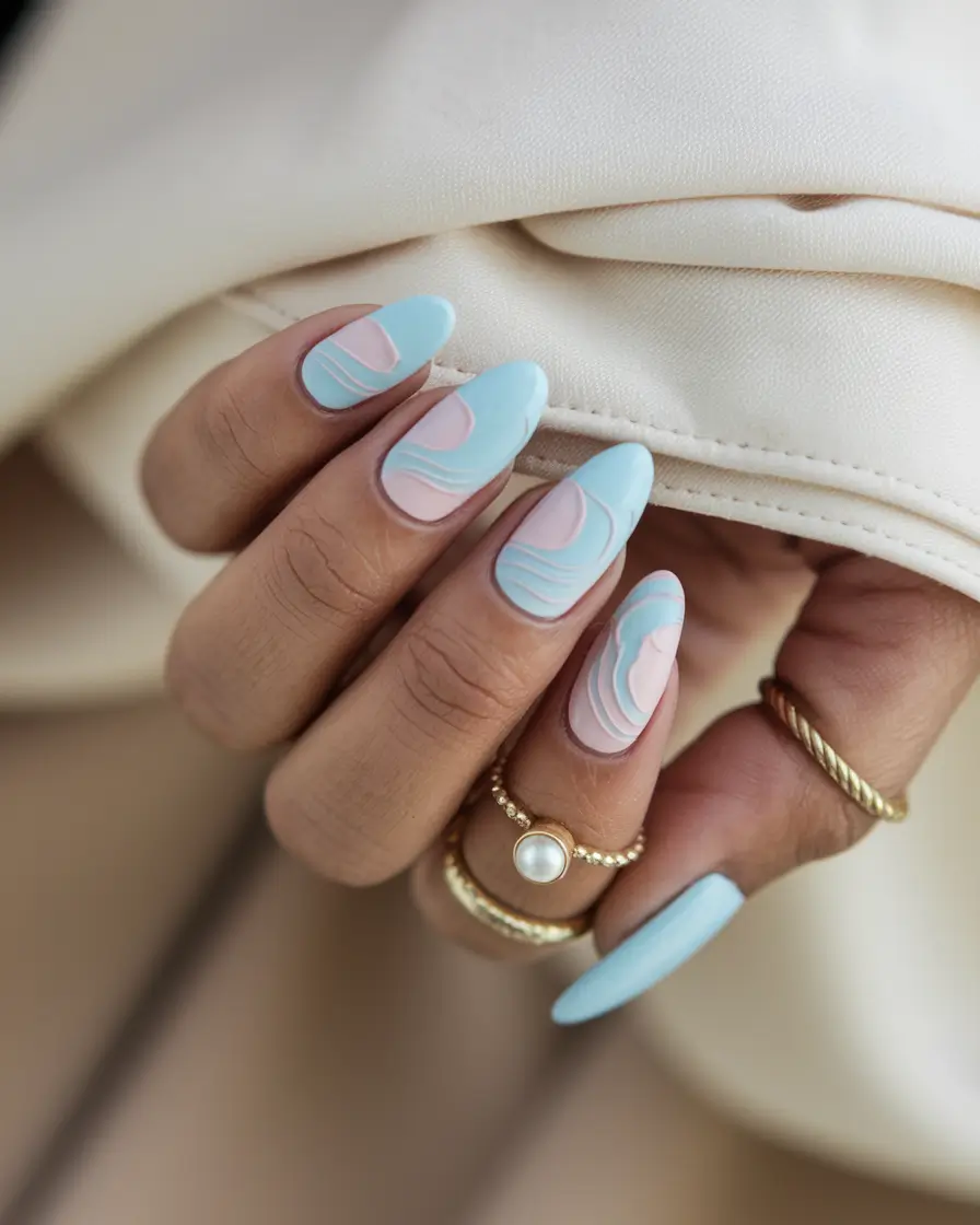 cute summer nails ideas 2025 Pastel Blue and Pink 3D Abstract Art