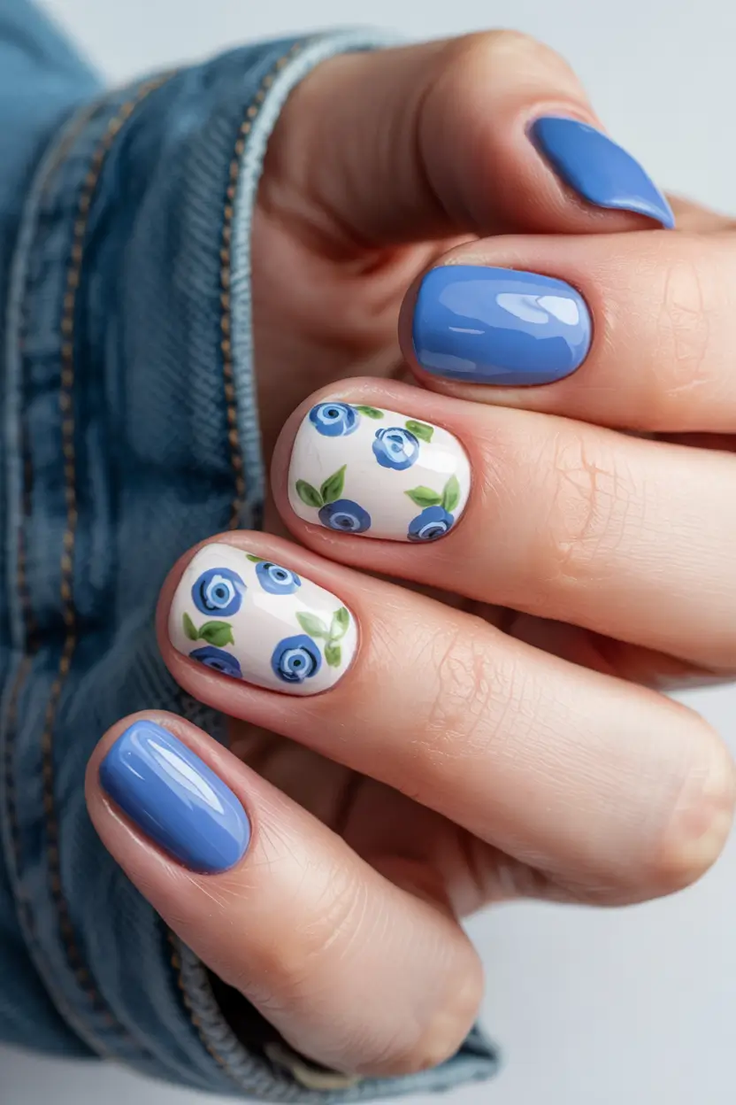 cute summer nails ideas blue Blue Blooms on Porcelain White