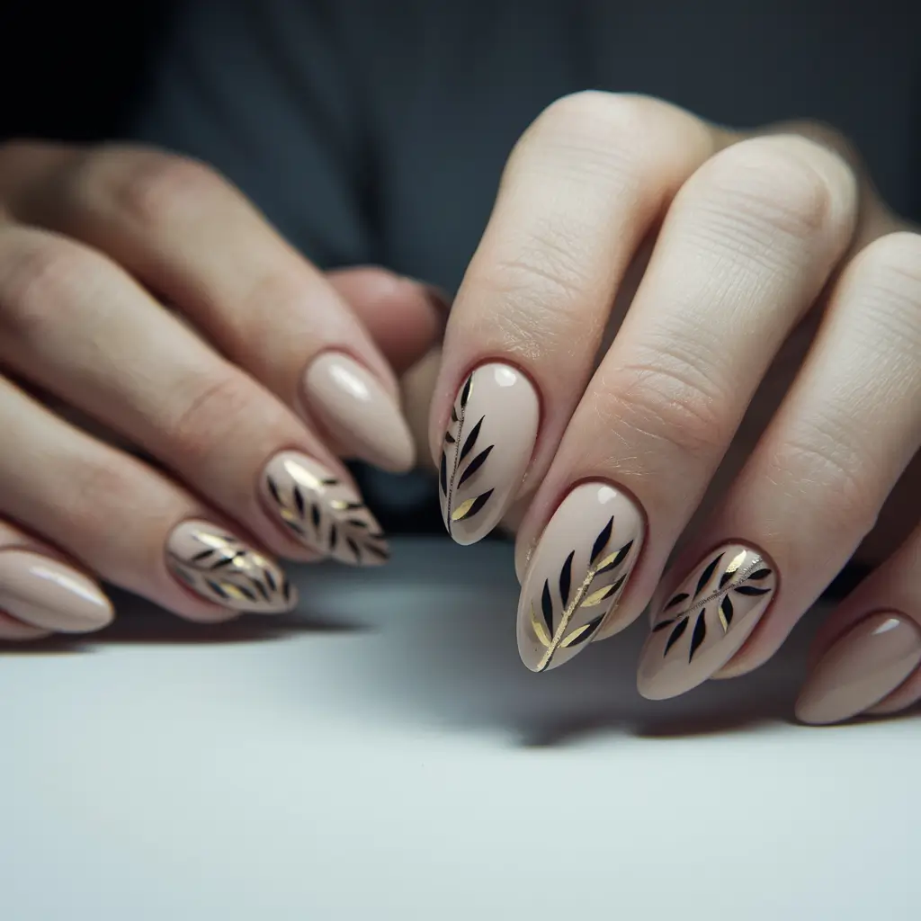 cute summer nails ideas 2025 Golden Leaves on Nude Base