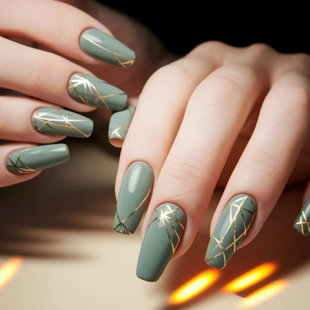 cute summer nails ideas 2025 Minimal Sage with Golden Threads