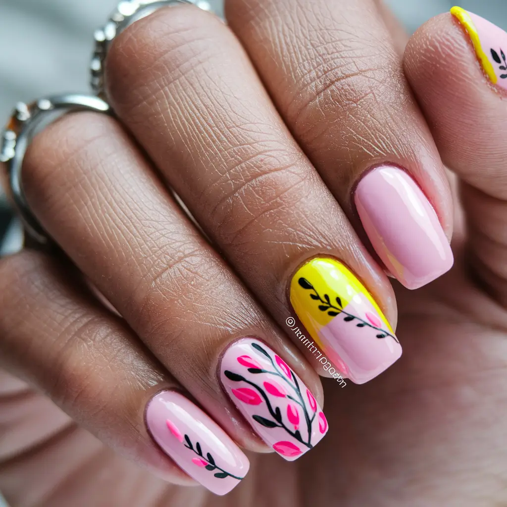 cute summer nails simple Botanical Branches in Pink & Yellow