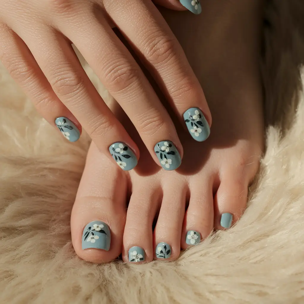 cute summer toe nails designs Dusty Blue Floral Harmony