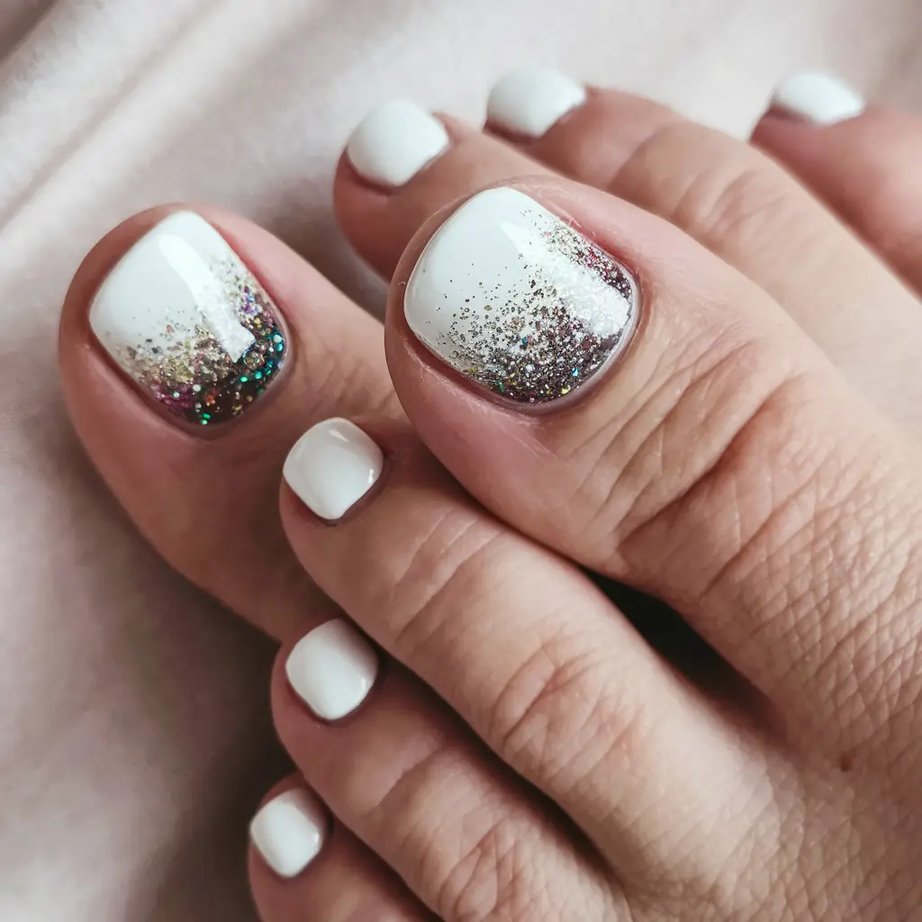 cute summer toe nails White Glitter Dipped