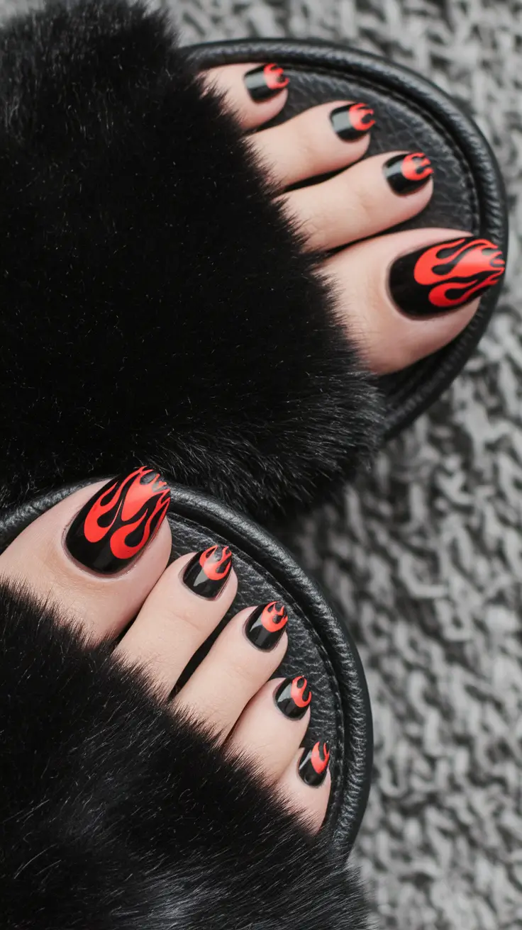 toe nail designs summer Hot Flames on Black Canvas