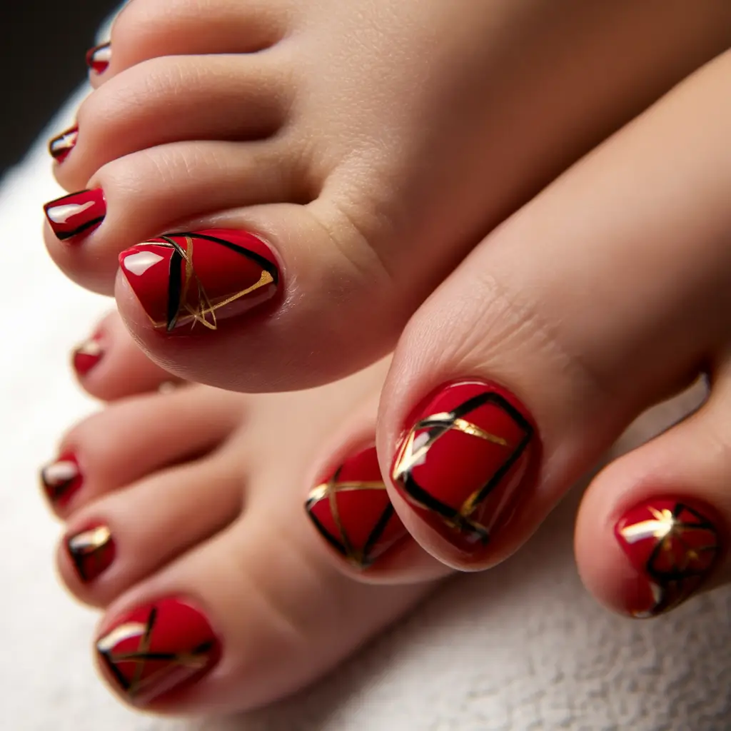 toe nail designs summer Glossy Red With Gold Geometry