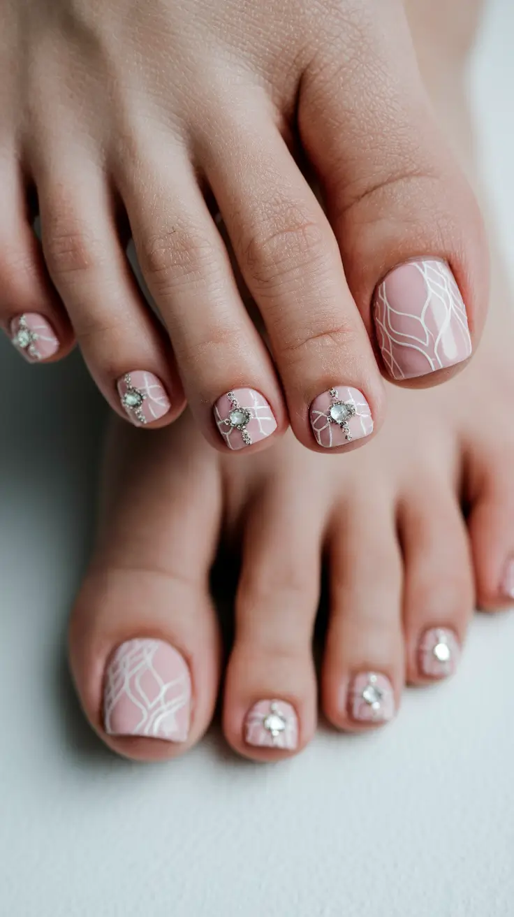 toe nail designs summer Soft Pink Petals With Rhinestone Bloom