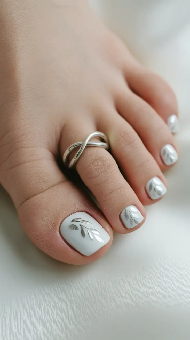 toe nail designs summer Modern Silver Leaf on White