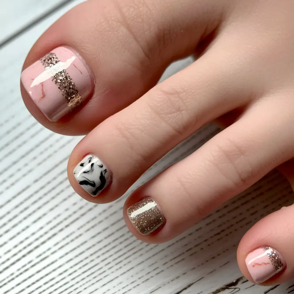 toe nail designs summer Blush Marble With Rose Gold Stripes