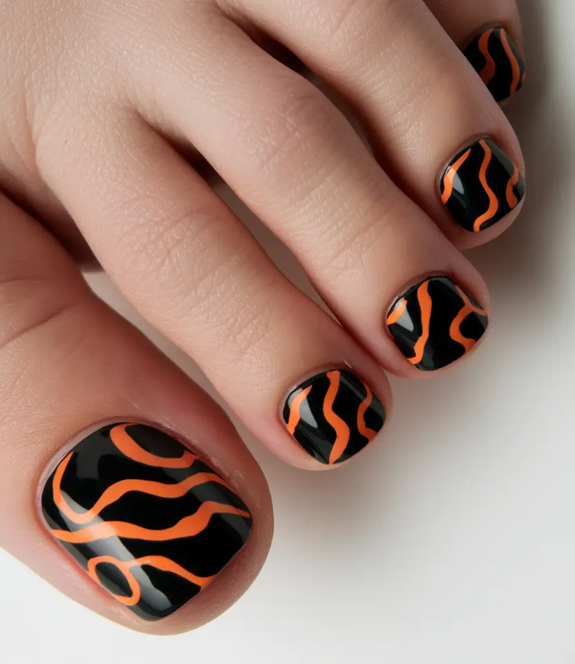 toe nail designs summer Wavy Orange Neon on Jet Black
