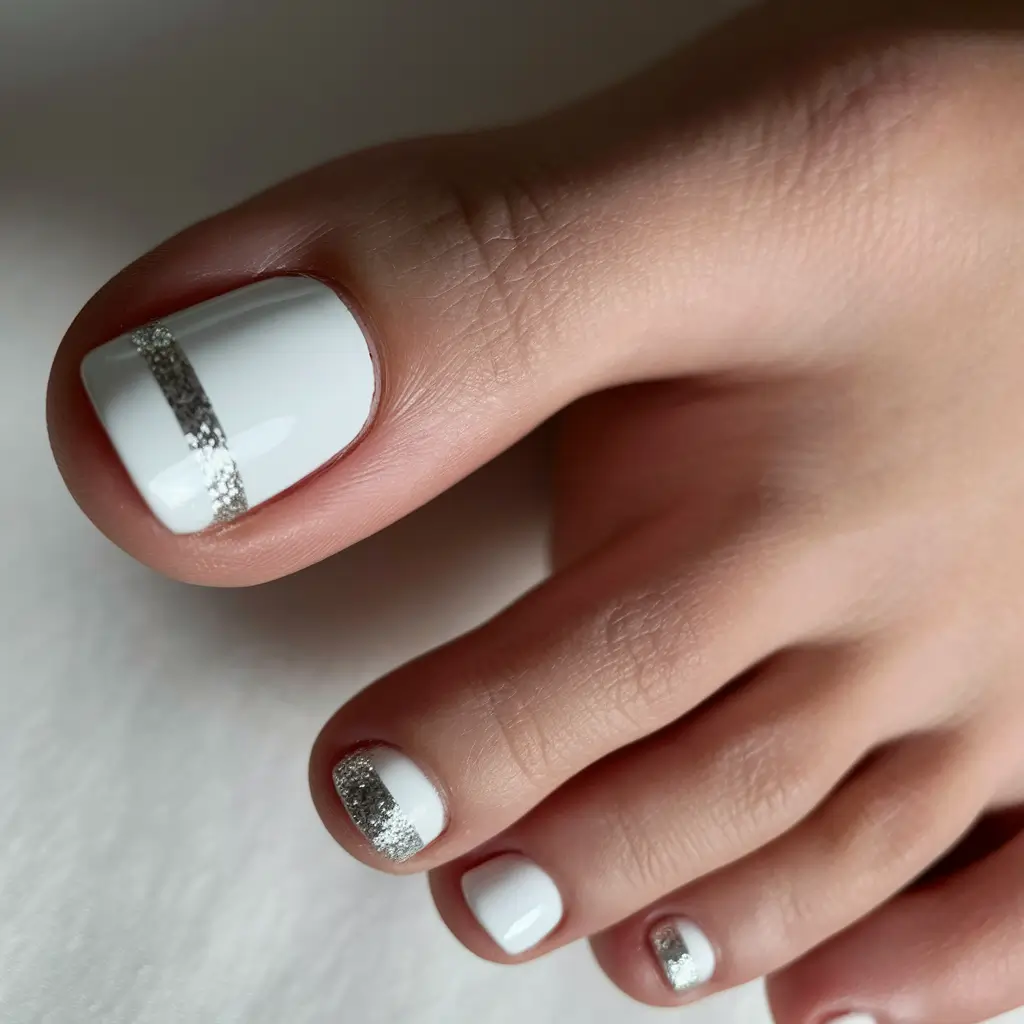 toe nail designs summer Crisp White With Silver Sparkle Bands