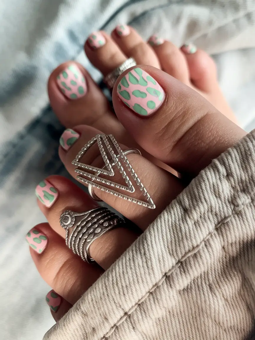 toe nail designs summer Mint Leopard on Bubblegum Pink