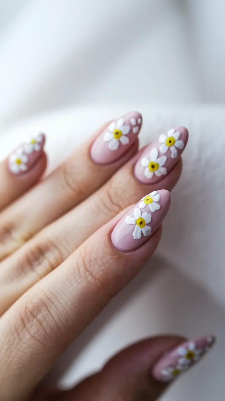 floral nail summer Blush Pink Daisies on Almond Tips