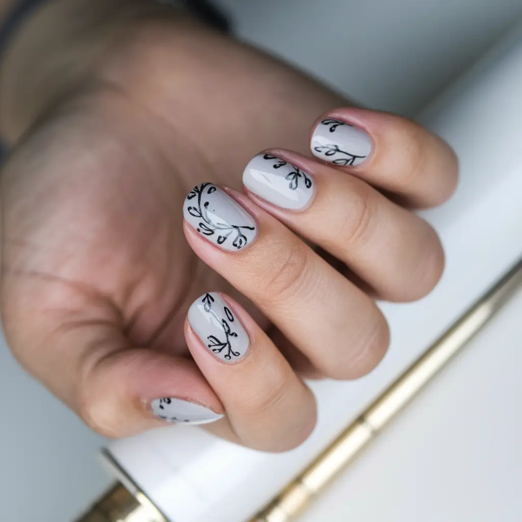 floral nail summer Delicate Vines on a Soft Grey Canvas