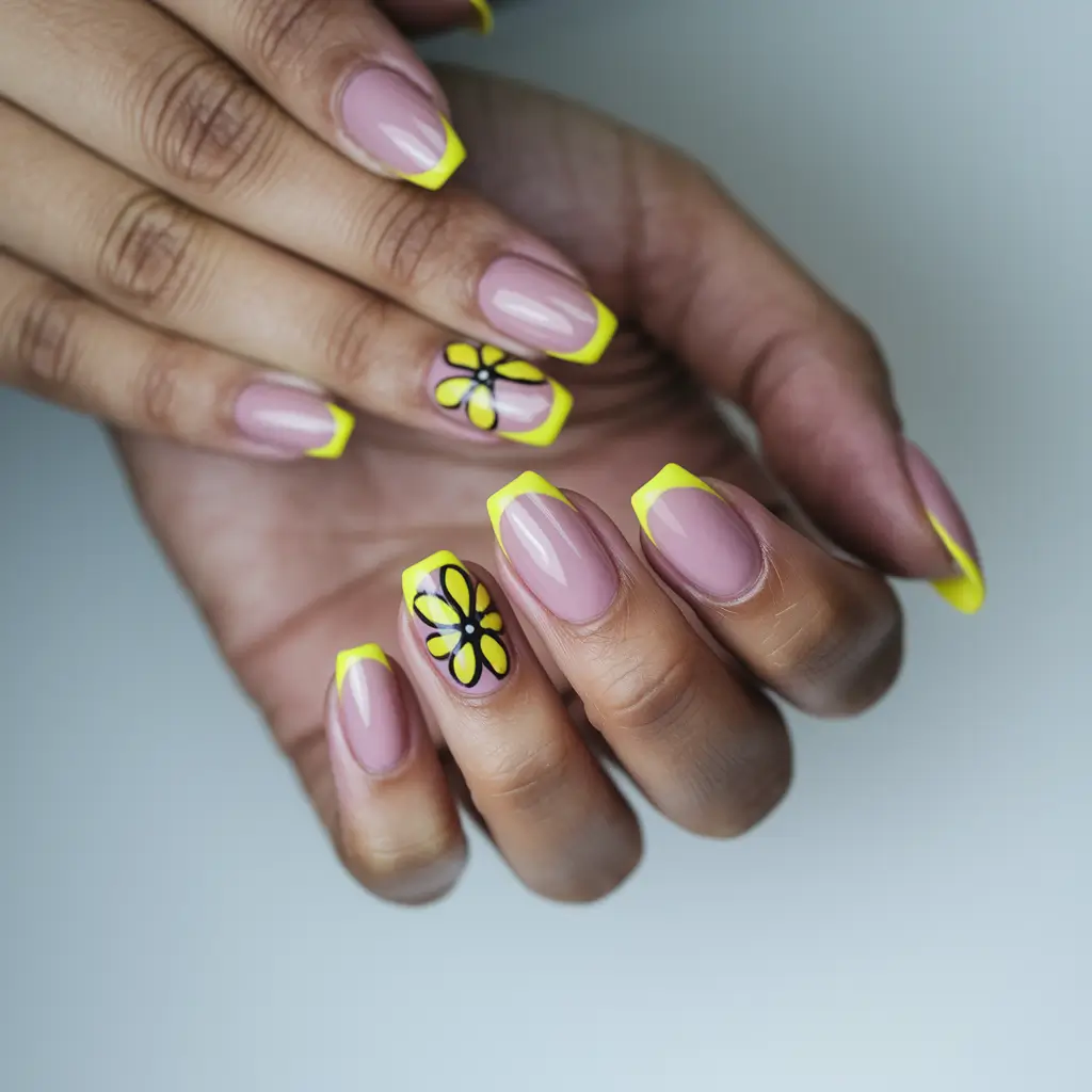 summer nail ideas floral Lemon-Lined Florals with Bold Contrast