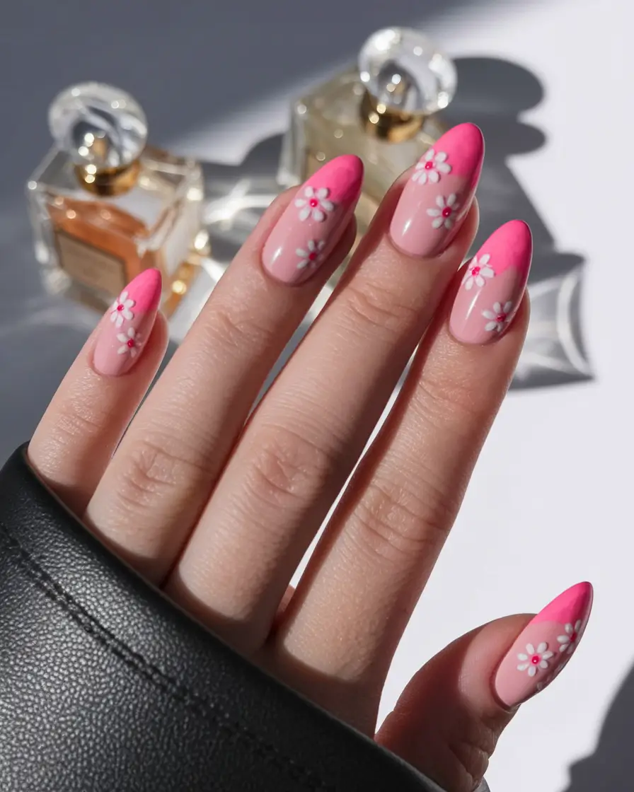 floral acrylic nail designs summer Pink French Bloom with a Soft Feminine Finish