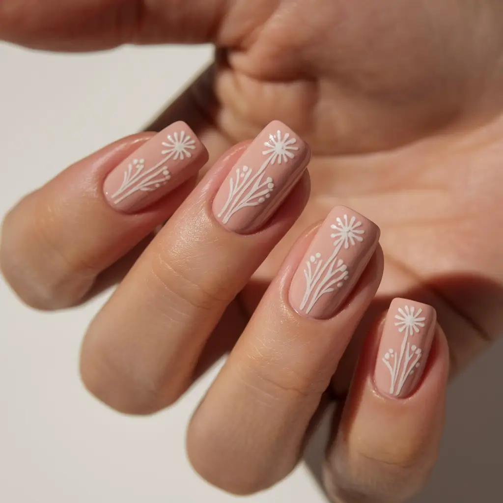 simple floral nail art summer Blushed Nude with Minimal White Botanicals