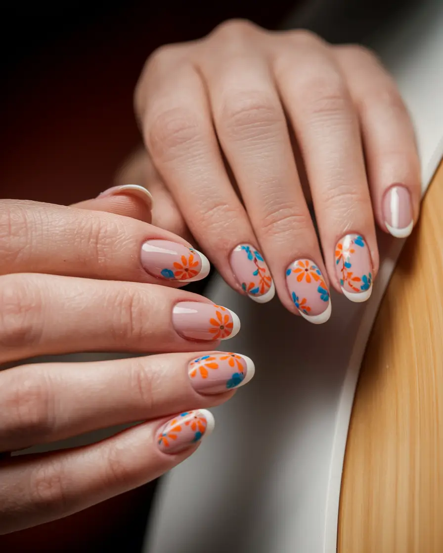 summer nail design floral Retro Floral Burst with Blue & Orange