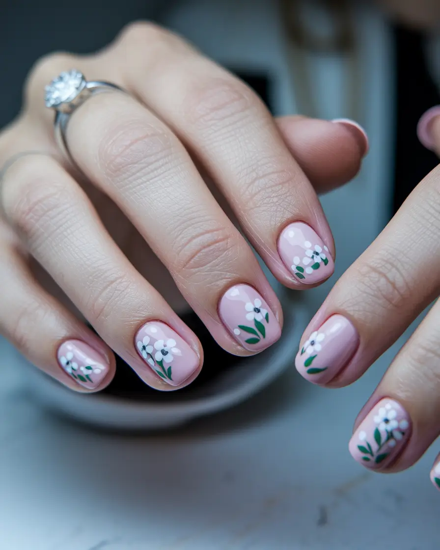 floral summer nail set Playful Daisies on Almond Nude Nails