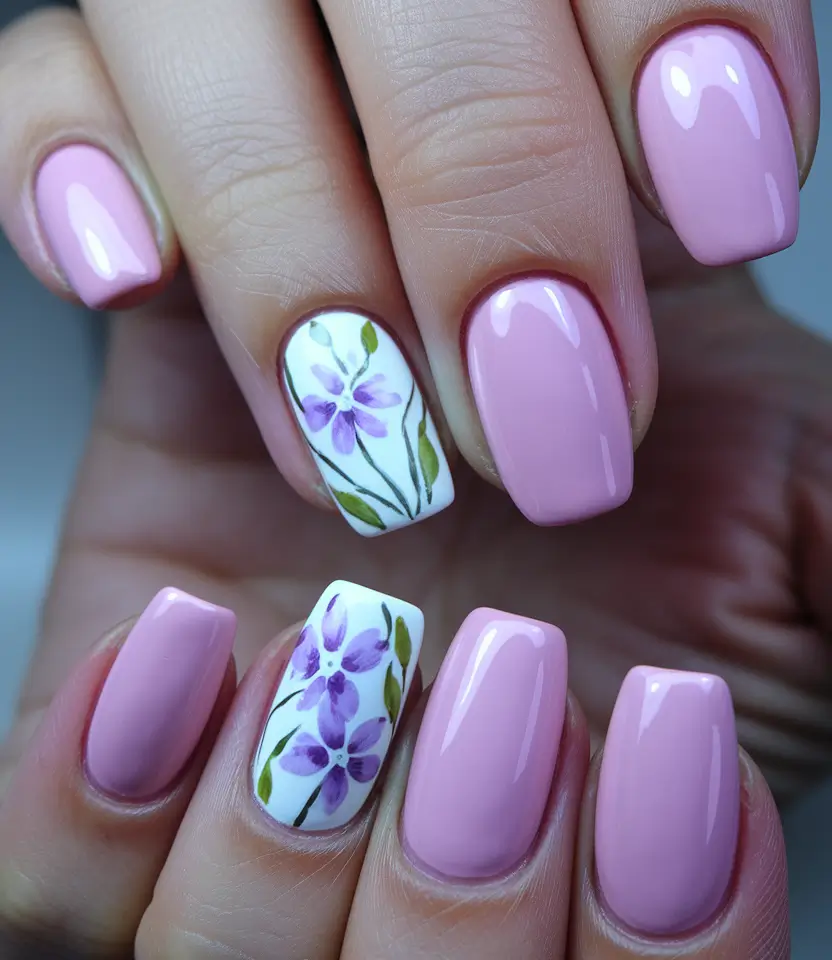 floral nail summer Soft Pink Elegance with Hand-Painted Lavender Blooms