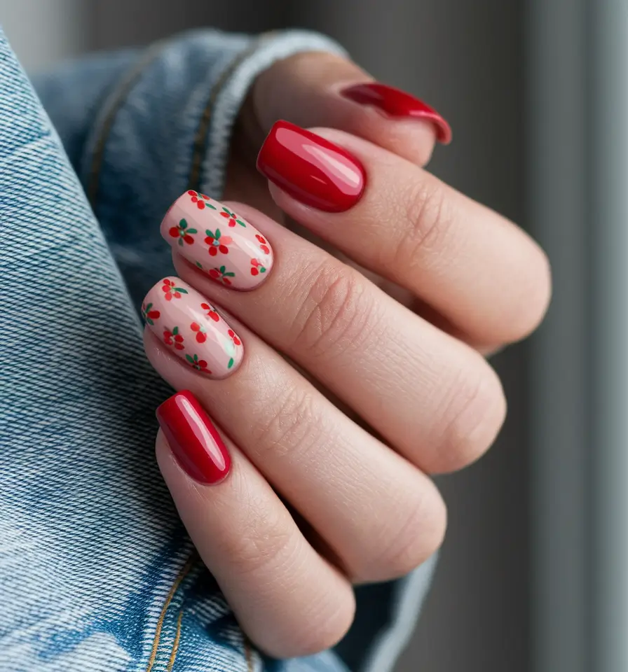 summer nail ideas floral Cherry Red Meets Tiny Florals