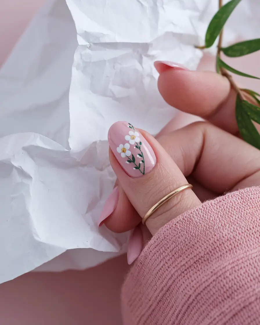 simple floral nail art summer Minimalist Pink With Tiny White Buds