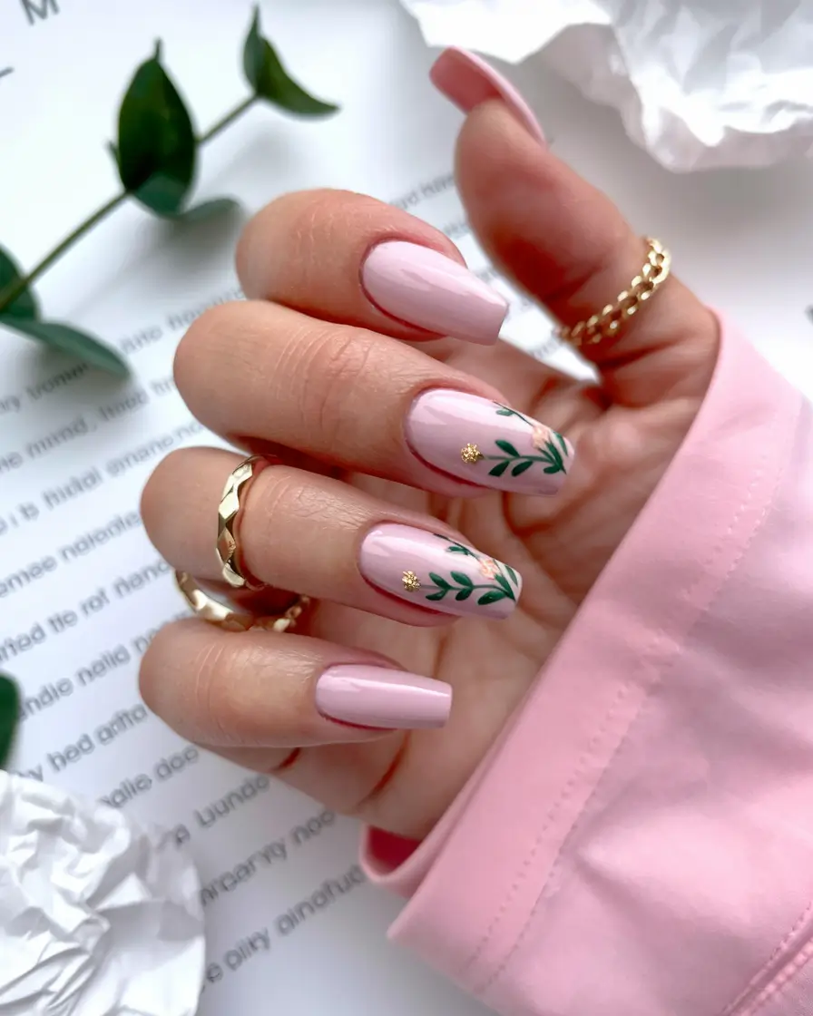 floral nail summer Leafy Petal Whisper on Baby Pink