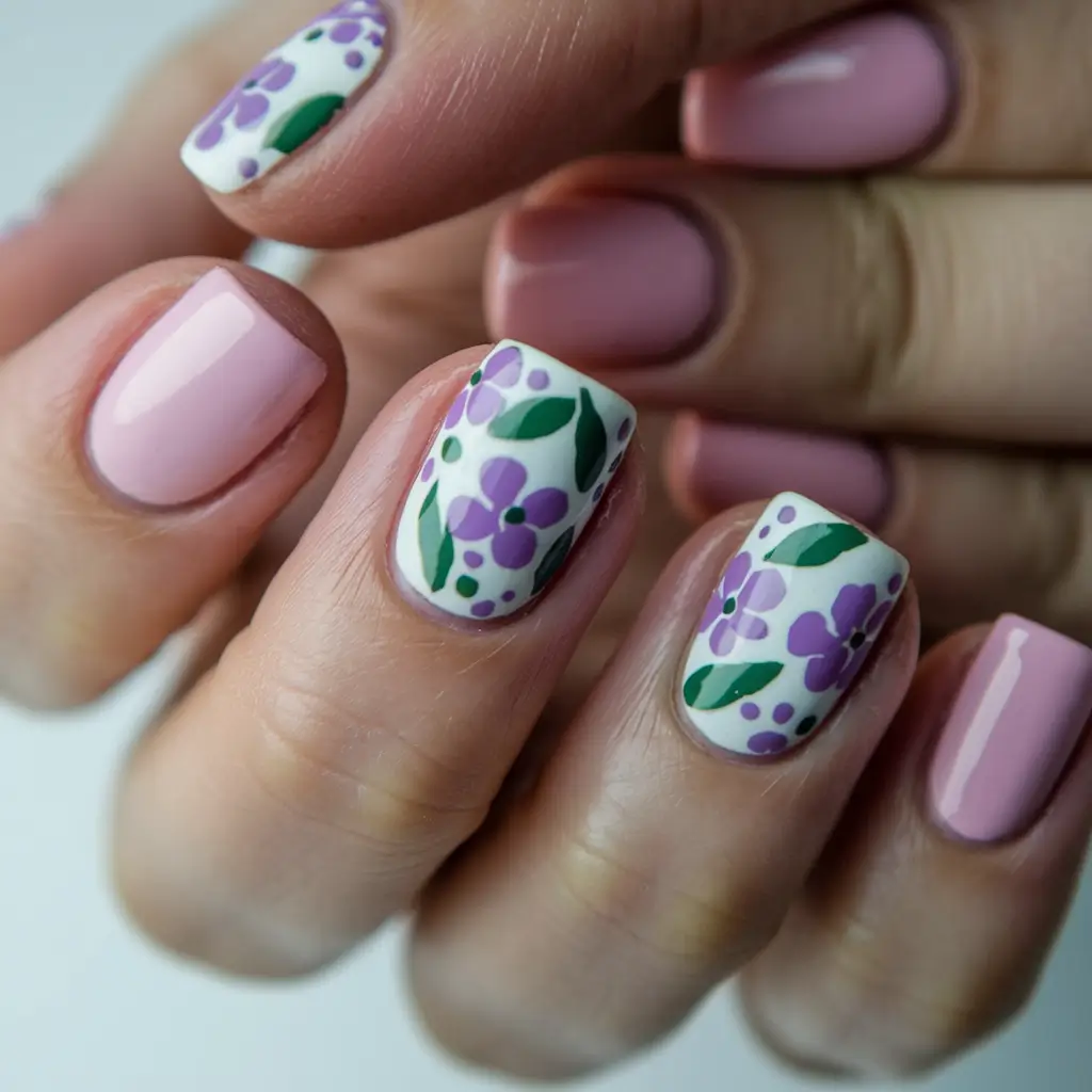 simple floral nail art summer Vintage Garden in Lilac & Green