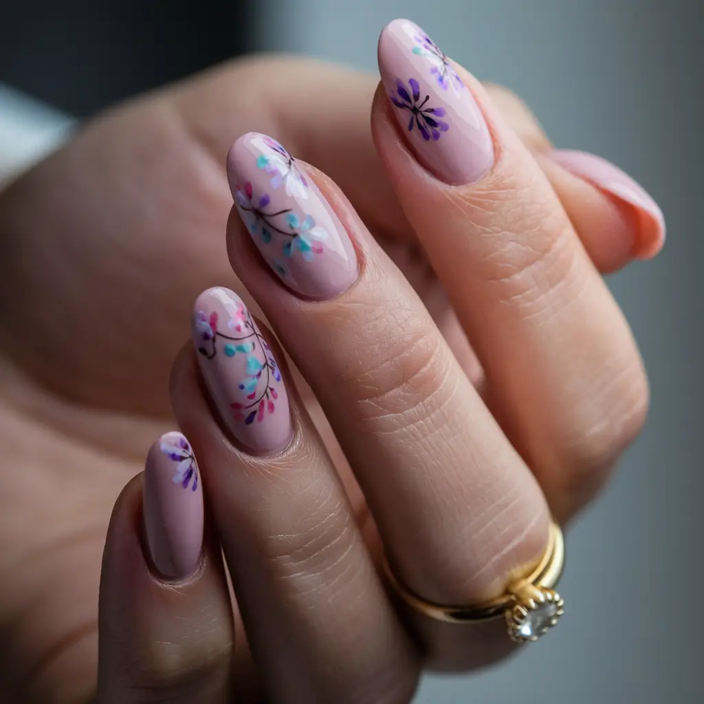 floral nail summer Dewdrop Stems on Blush Almond Tips