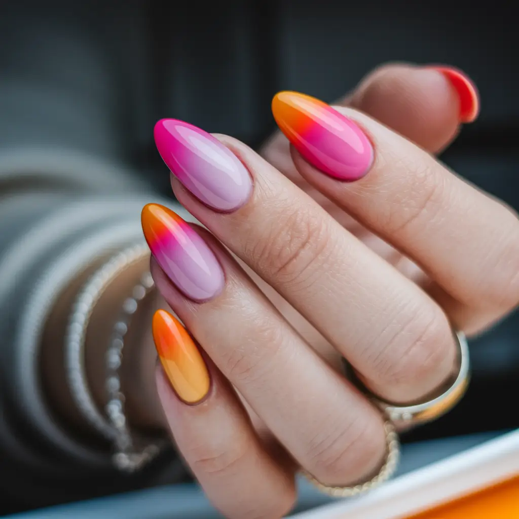 french tip nails with summer design Pink and Orange Gradient Almond Tips