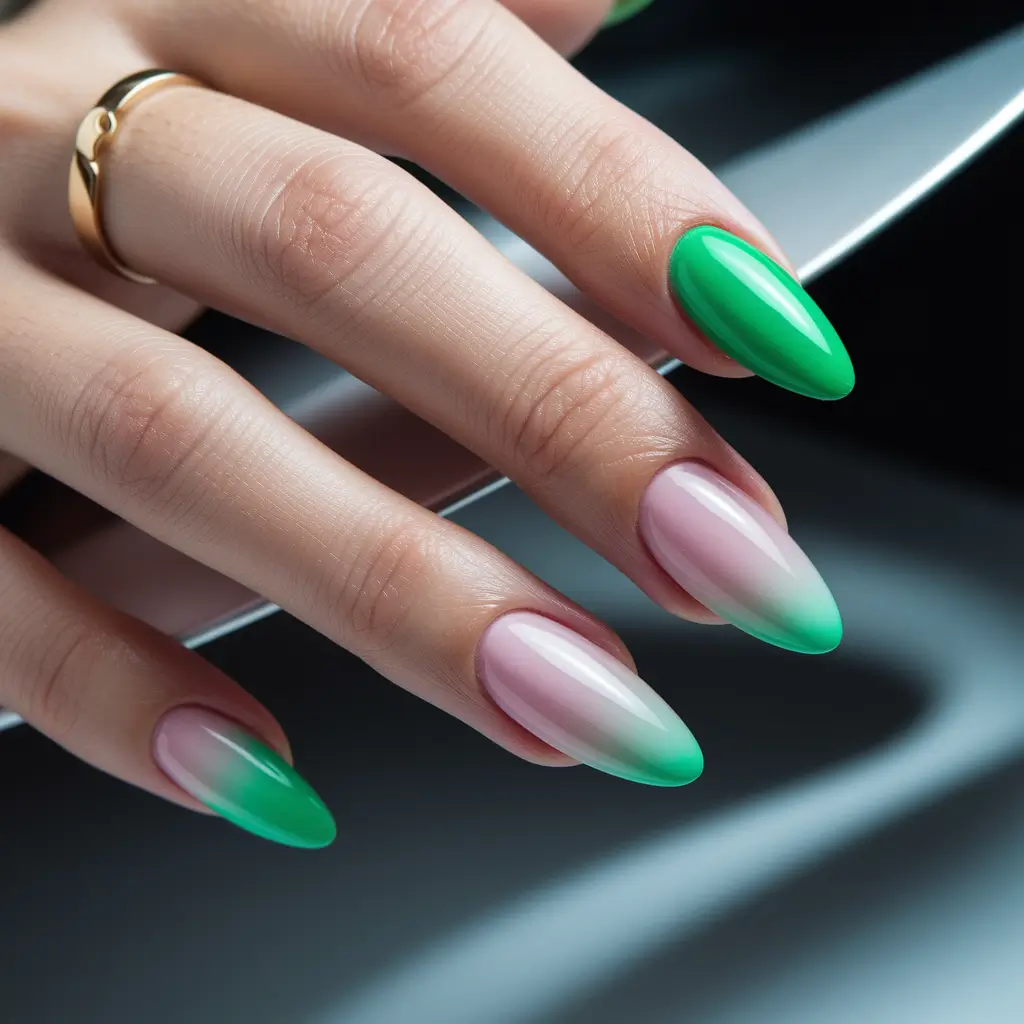 french tip nails with summer Green Ombré Fade with Pastel Base