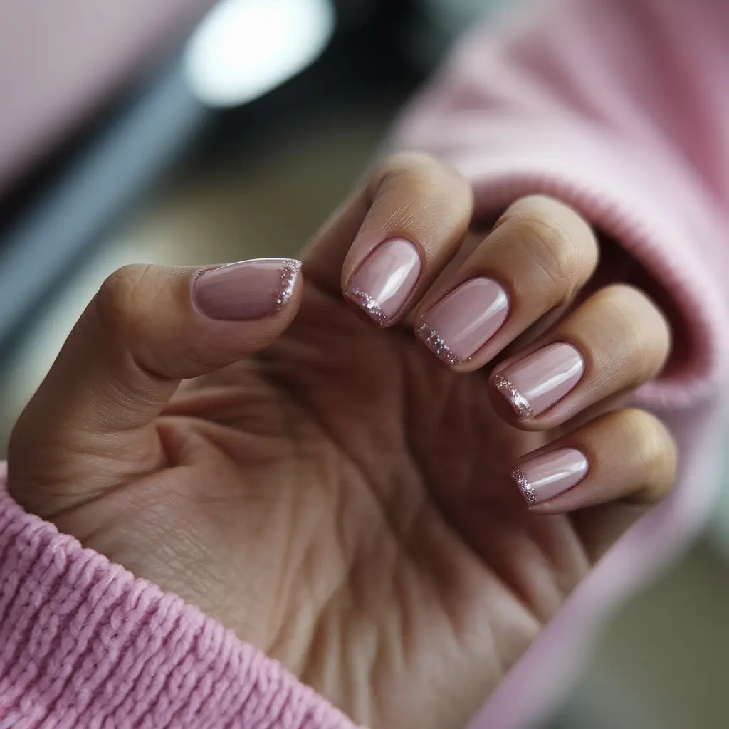 French Tip Nails with a Summer 2025 Twist Glittered Pink Whisper Tips