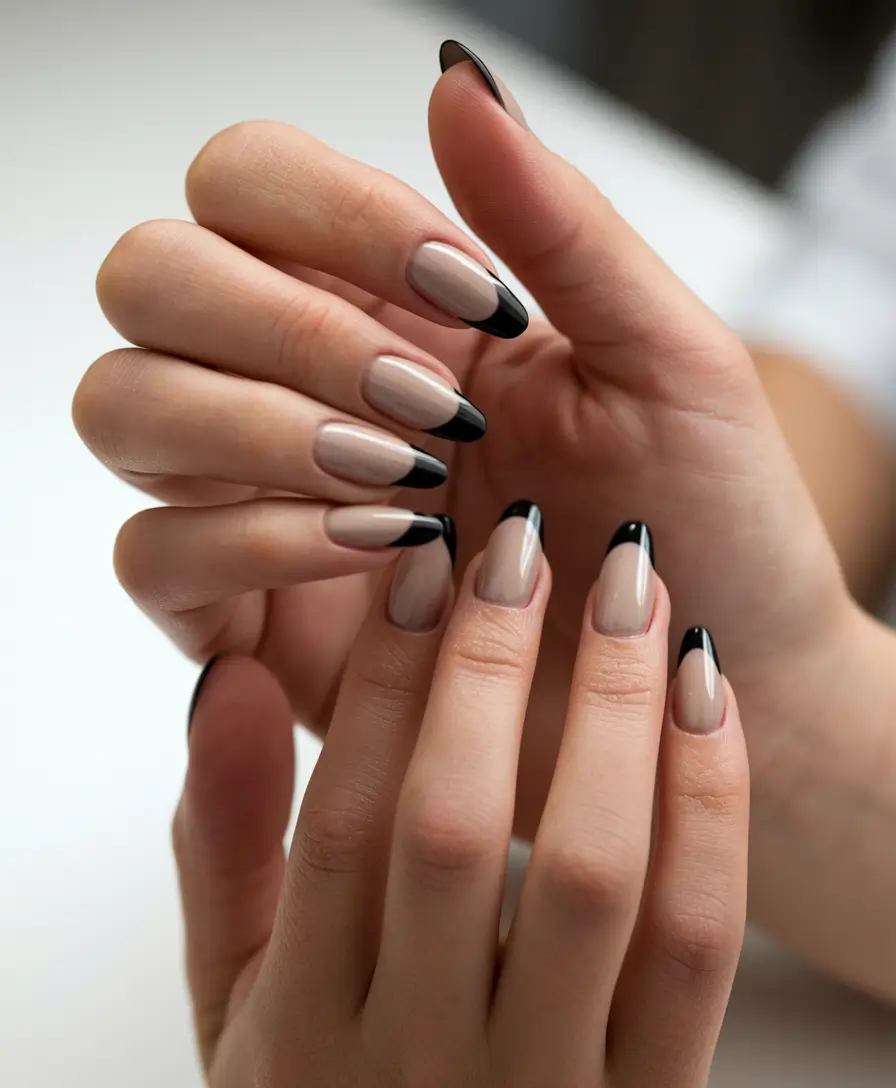 French Tip Nails with a Summer 2025 Twist Glossy Nude with Black Almond Tips