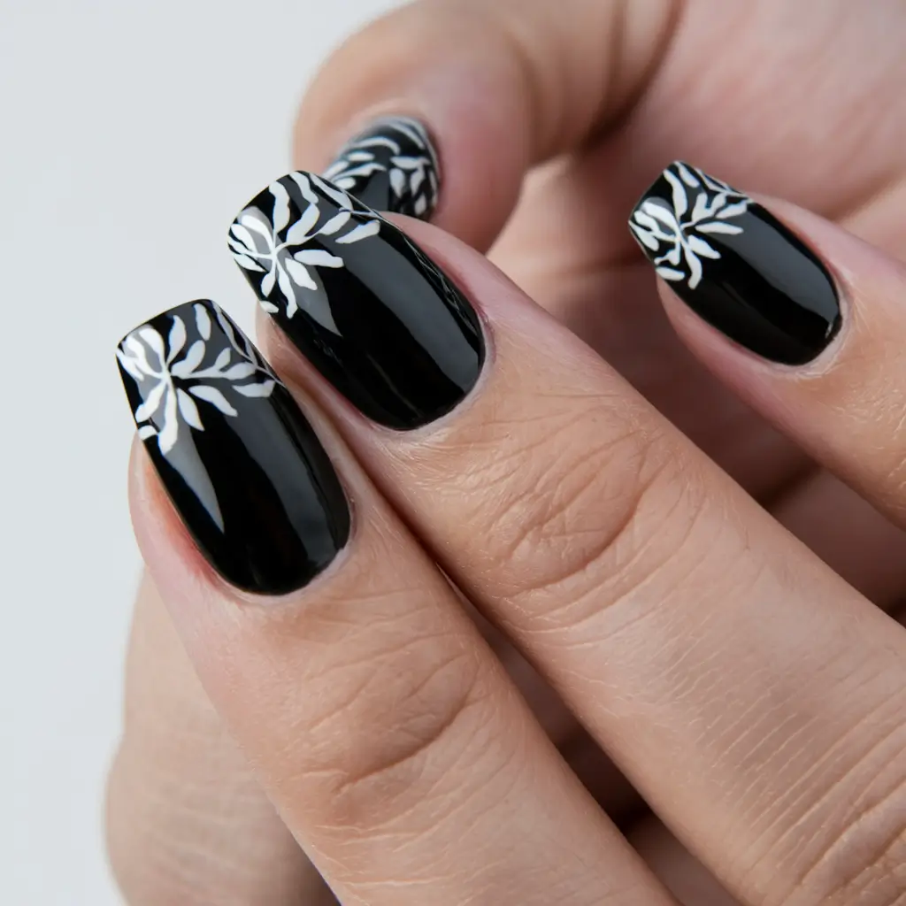 french tip nails with summer Black & White French with Botanical Flair