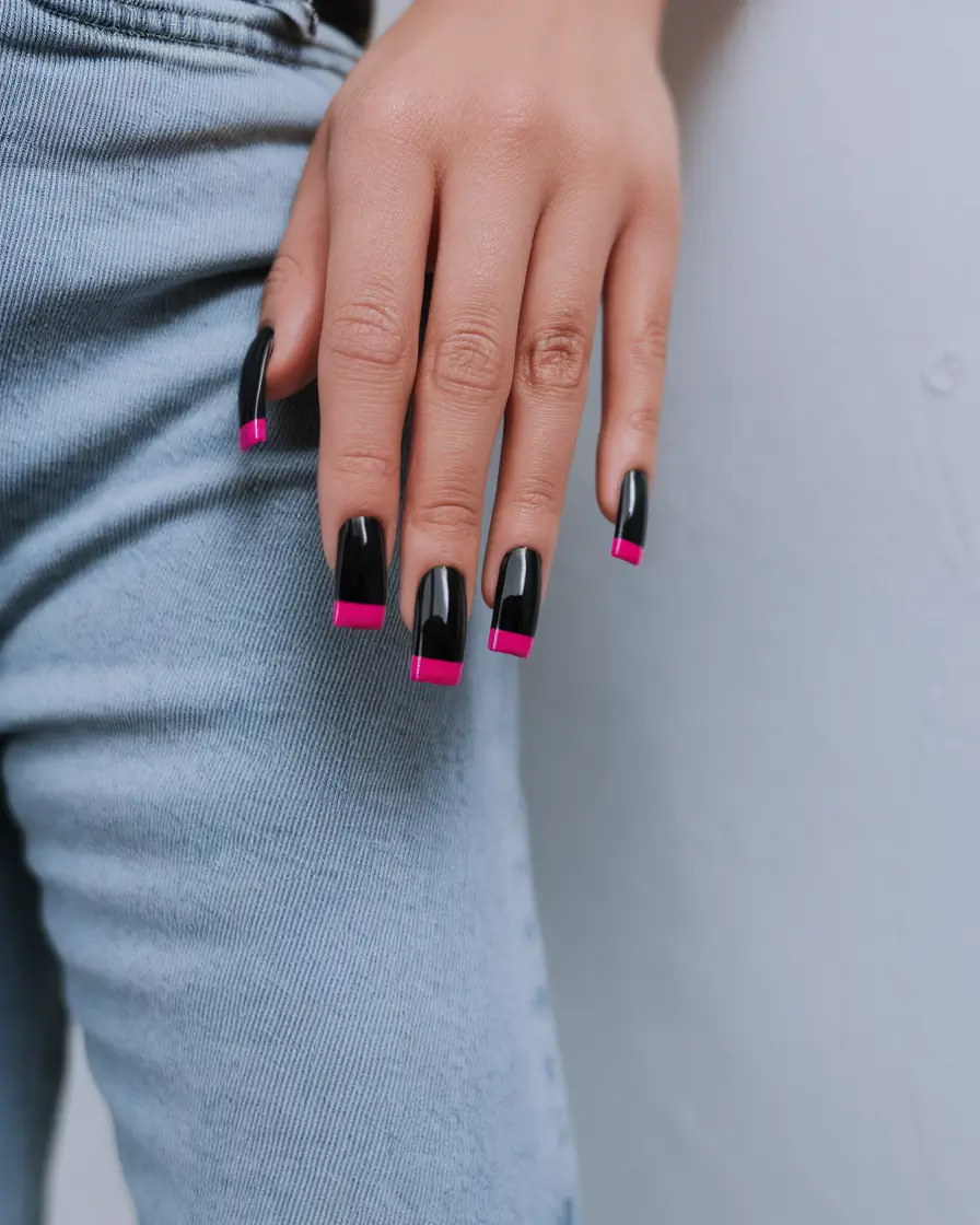 french tip nails with summer design Hot Pink Tips on Jet-Black Drama