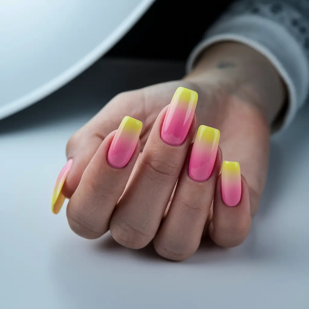 french tip nails with summer colors Sunset Fade in Candy Lemon & Bubblegum