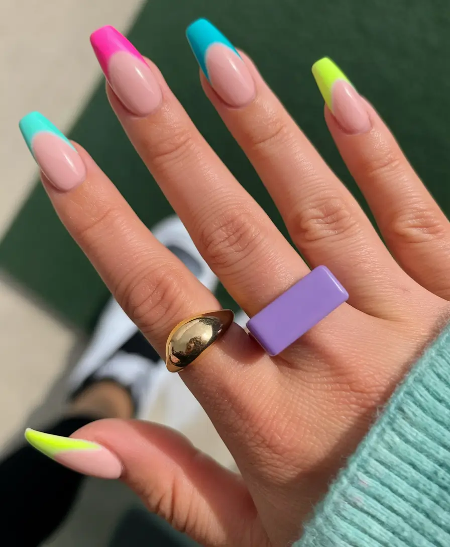 french tip nails with summer design Two-Toned Blue Tips on Nude Short Square