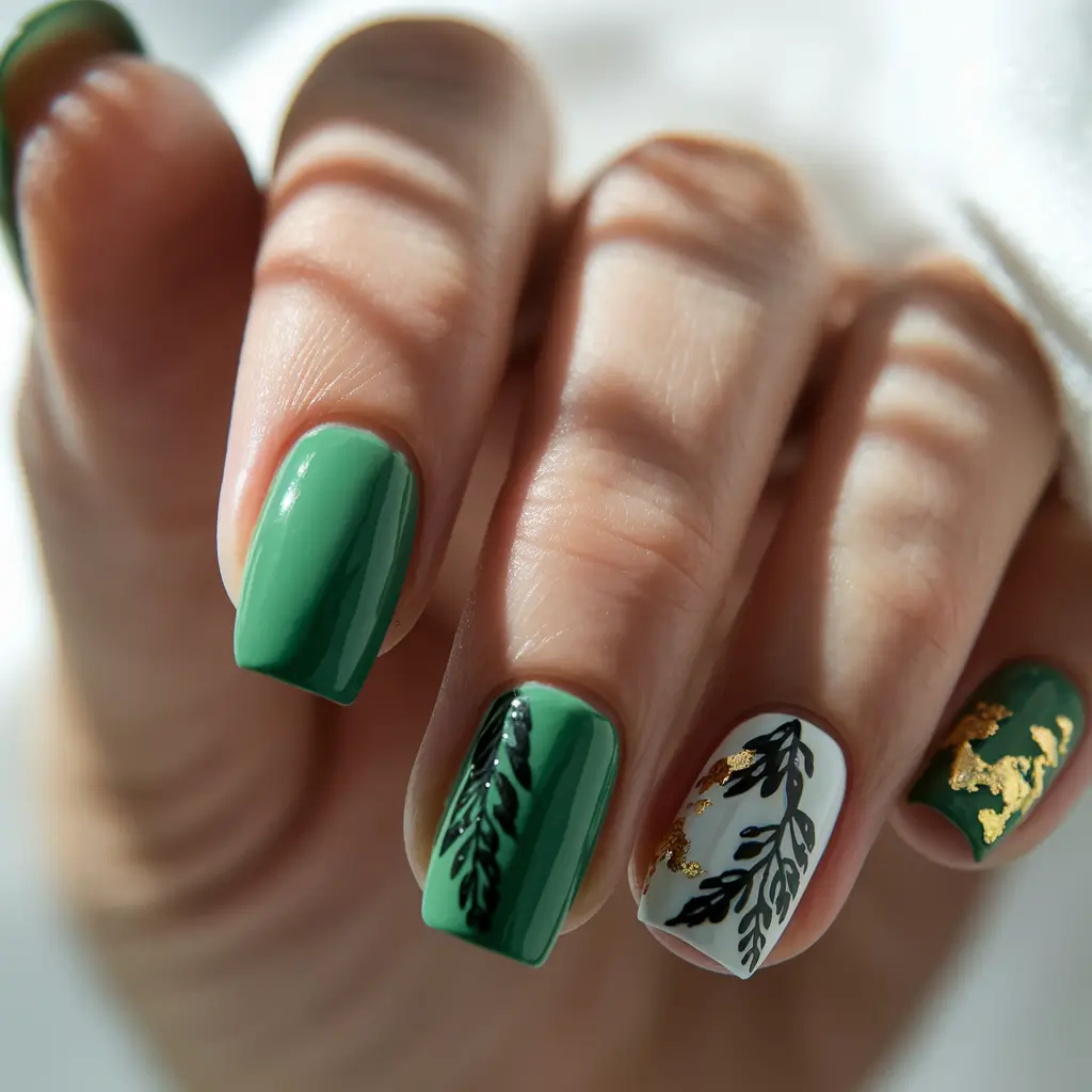 green-nails-summer-ideas-Shadowed-Fern-with-Touches-of-Foil