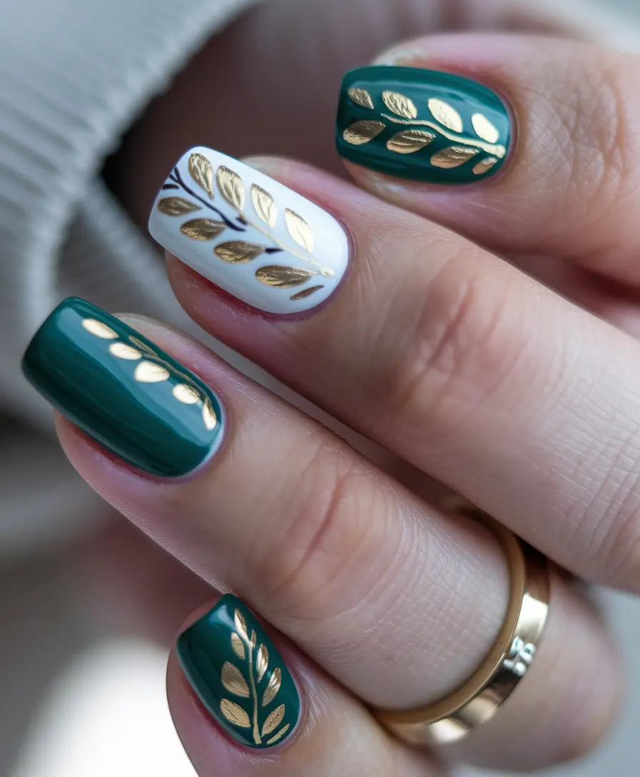 green-nails-summer-flower-Gold-Leafed-Elegance-on-Emerald-Green