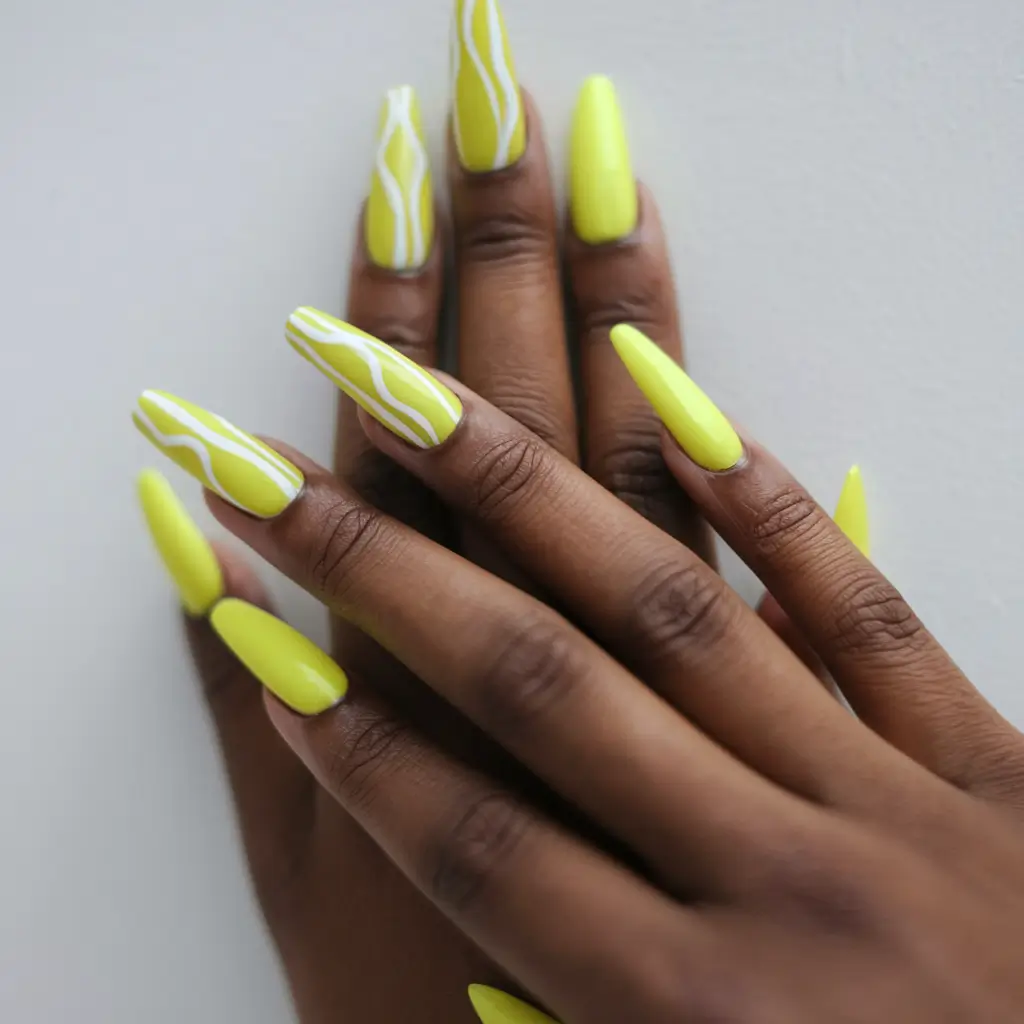 green-nails-summer-neon-Electric-Lemon-with-Abstract-White-Waves