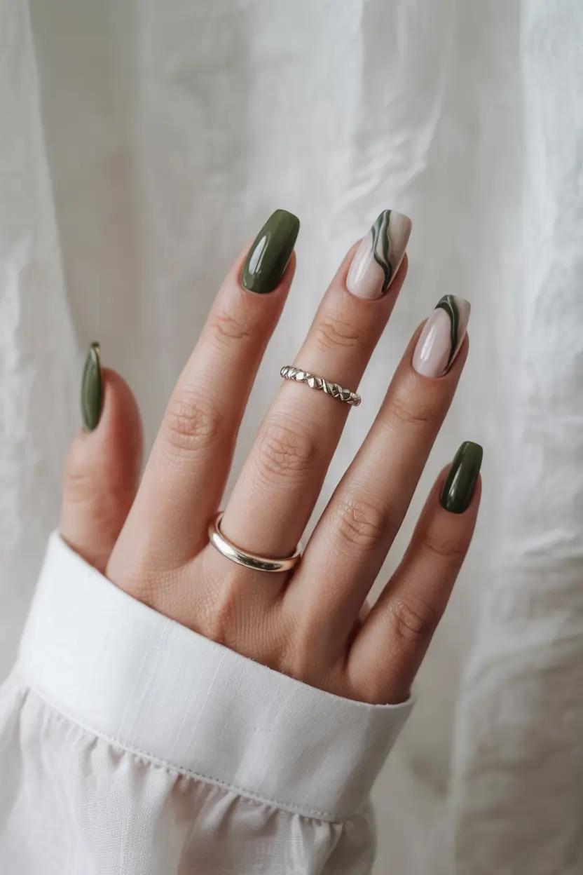 green nails summer coffin Olive Marble Sophistication