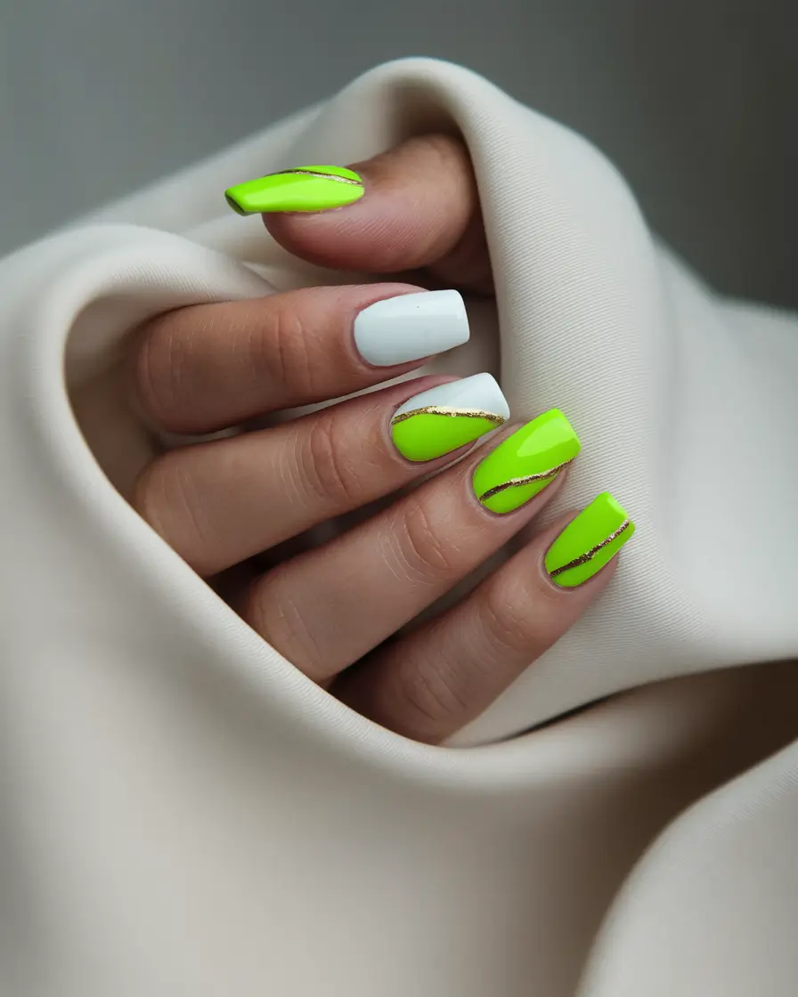 green-nails-summer-square-White-Meets-Neon-Lime-With-Golden-Glam