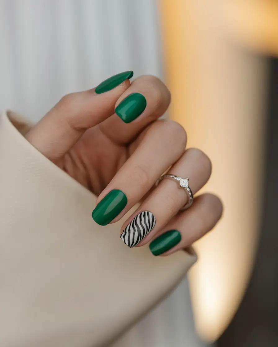 green nails summer forest Zebra Accent with Forest Green Elegance