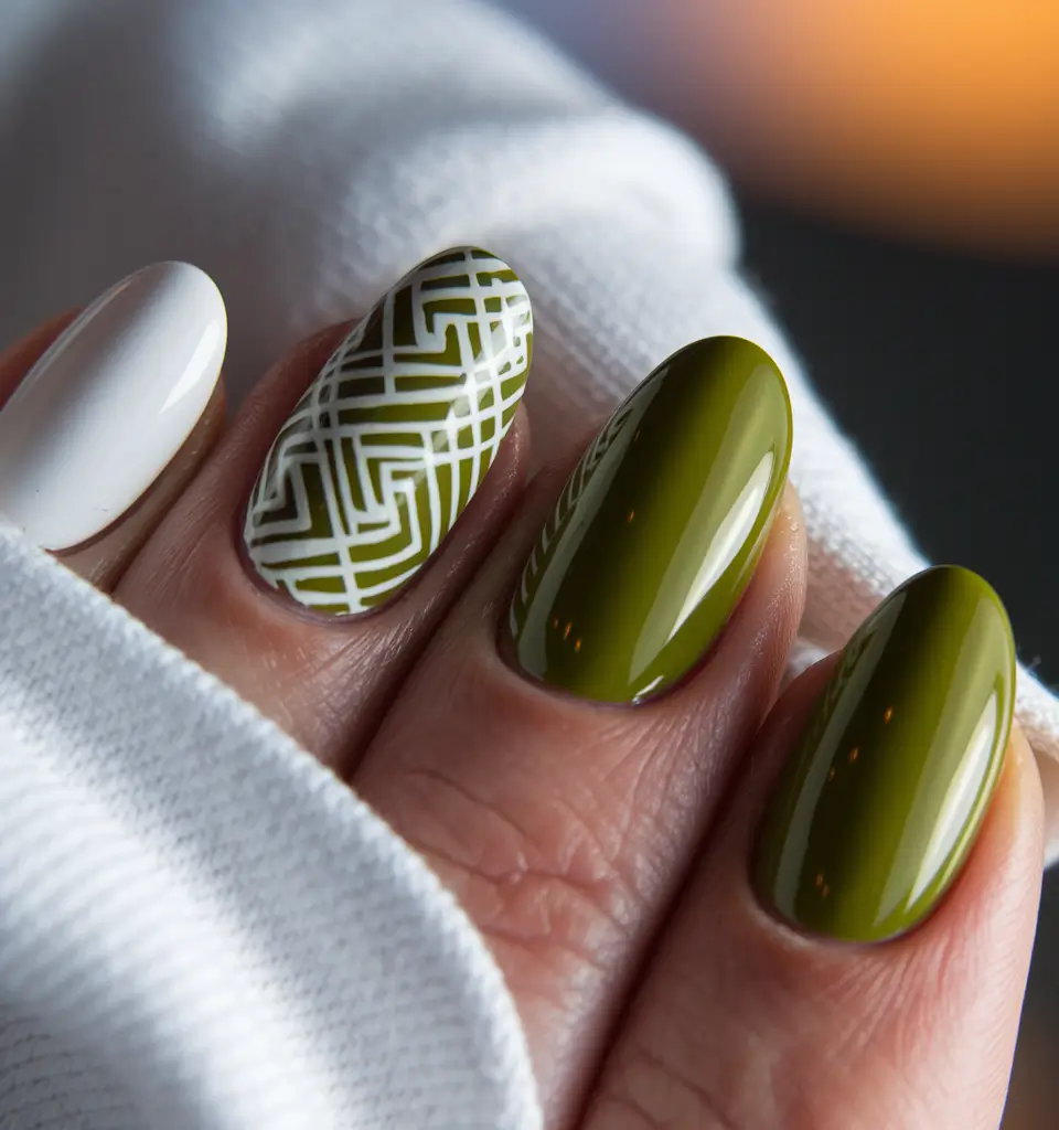 green nails summer aesthetic Olive Geometry with a Glossy Finish