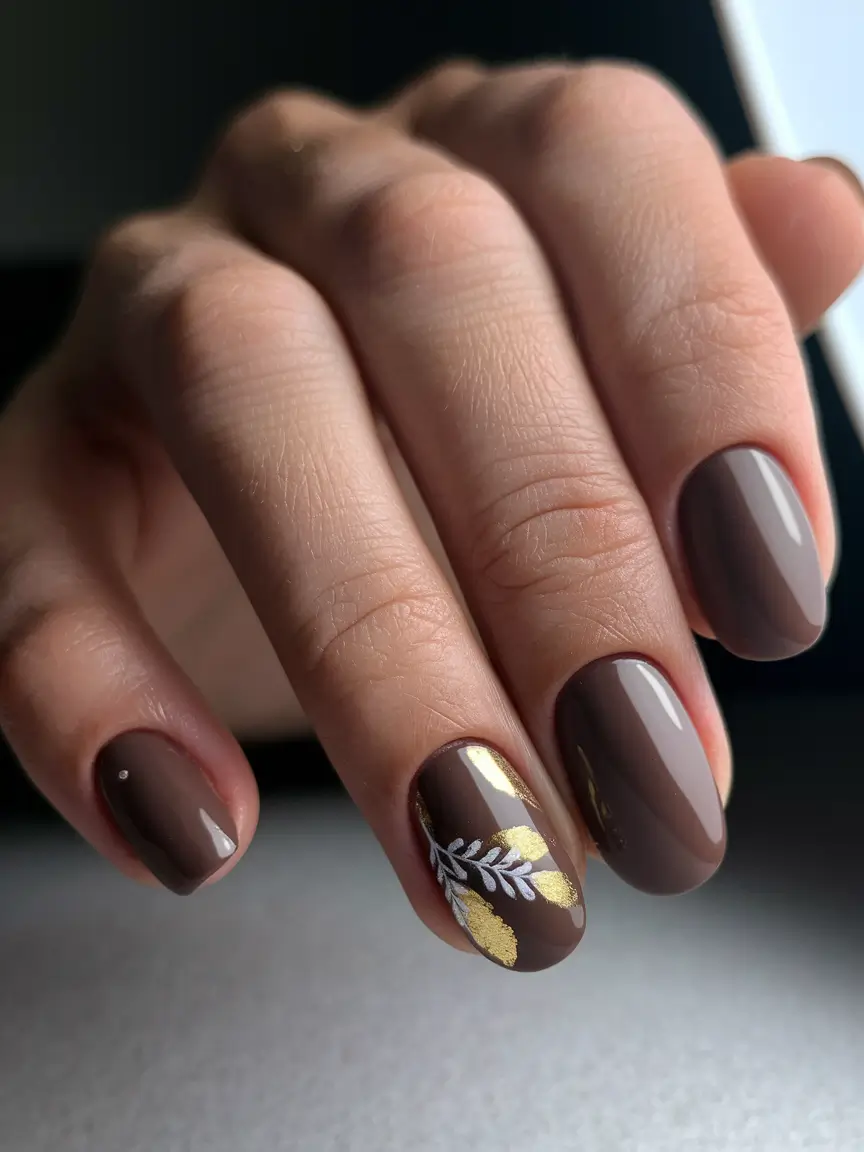 gel nail designs summer Chic Mocha Gloss With Golden Botanicals