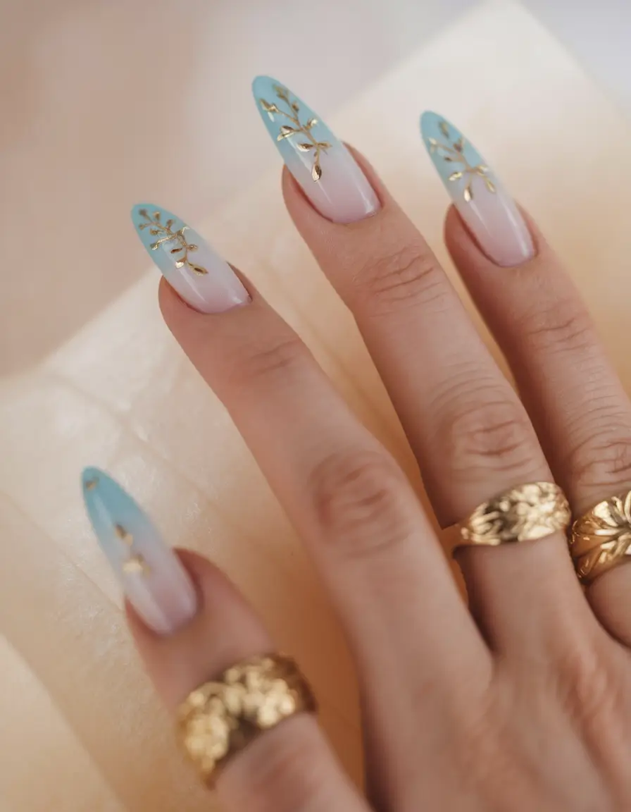 gel nail designs summer Blue Floral Fade with Foil Branches