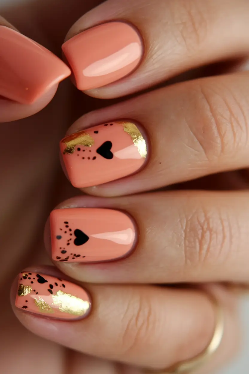 gel nail designs summer Golden Coral With Black Heart Accents